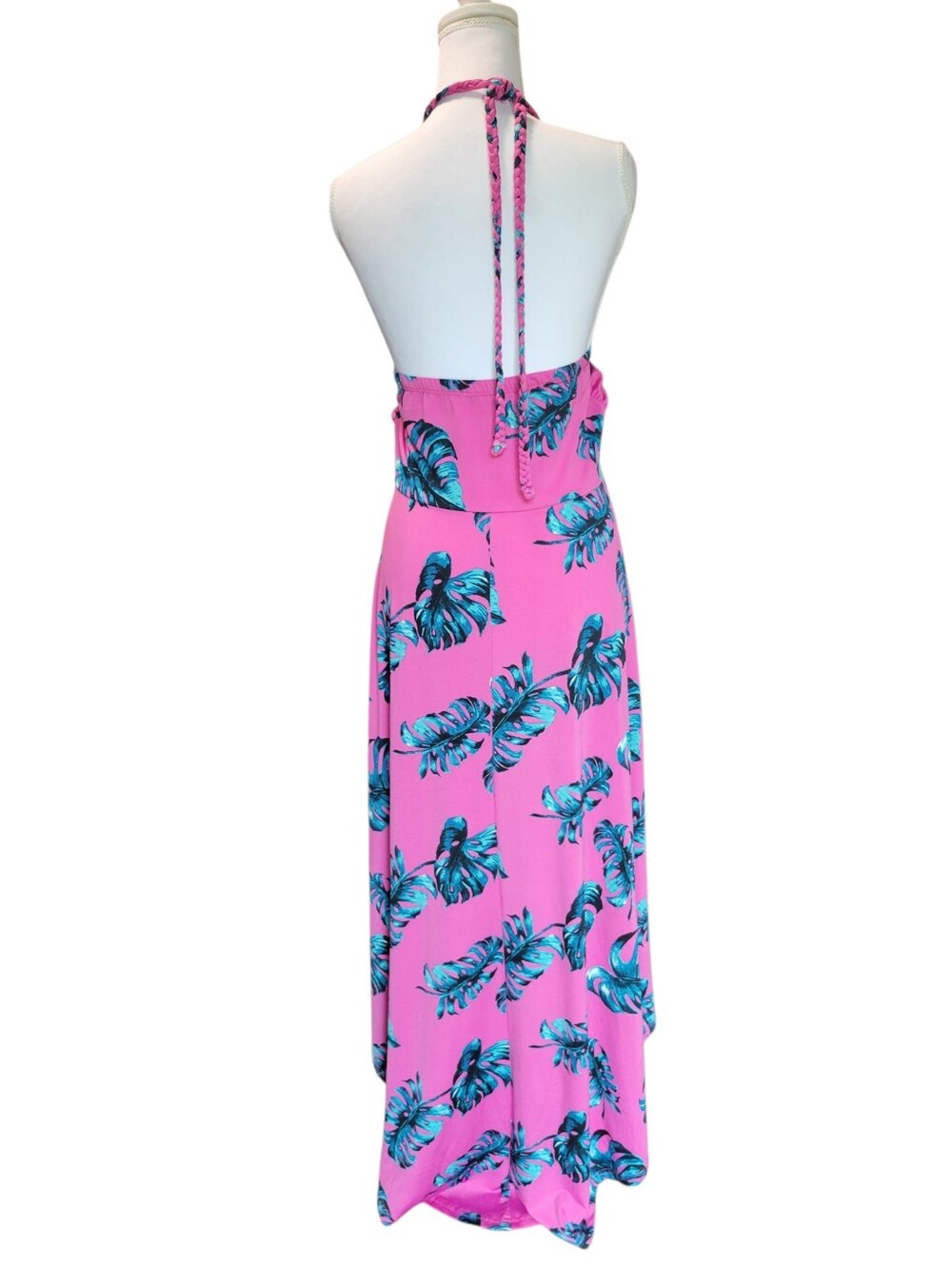 Venus Pink Palm Leaf Braided Halter Strap OpenBack HighLow Hem Resort Wear Dress - Picture 5 of 9
